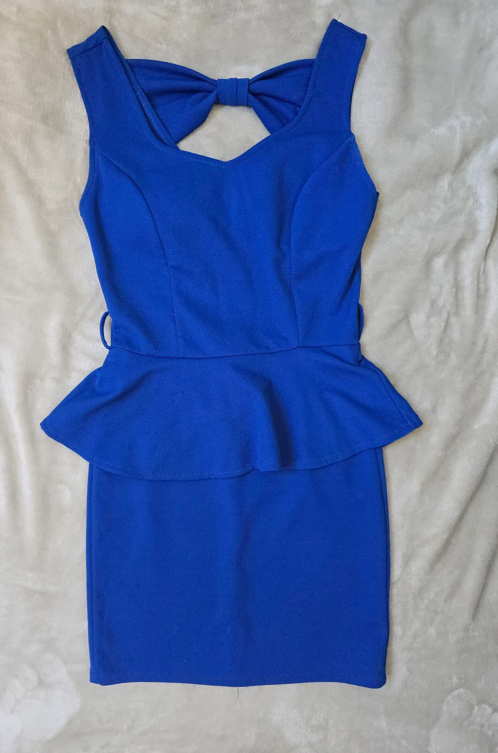Royal Blue Peplum Bodycon Mini Dress Bow Back Sleeveless Party Cocktail Size S